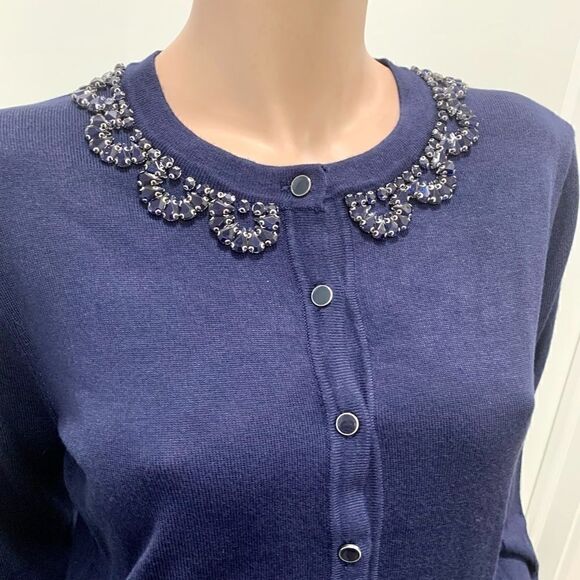 New Ladies Beaded Crewneck Cardigan In Navy - Picture 3 of 14